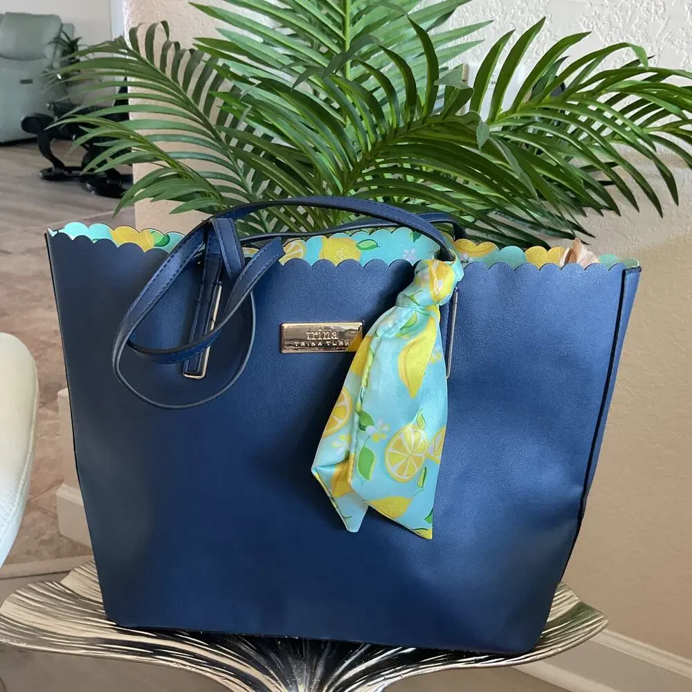 Trina Turk Blue Tote Bag Lemon Pattern interior and Lemon Scarf Open top - Picture 1 of 6
